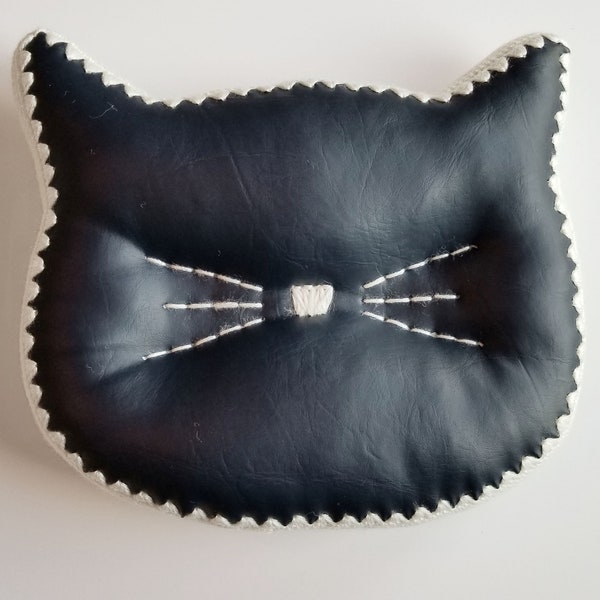 Cat Head Silhouette Decorative Pillow (Accent Pillow: Navy Blue Faux Leather & White Crochet Edging)