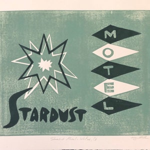 Stardust Motel Linocut Print: Mid-Century Modern Wall Art
