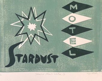 Stardust Motel Linocut Print: Mid-Century Modern Wall Art