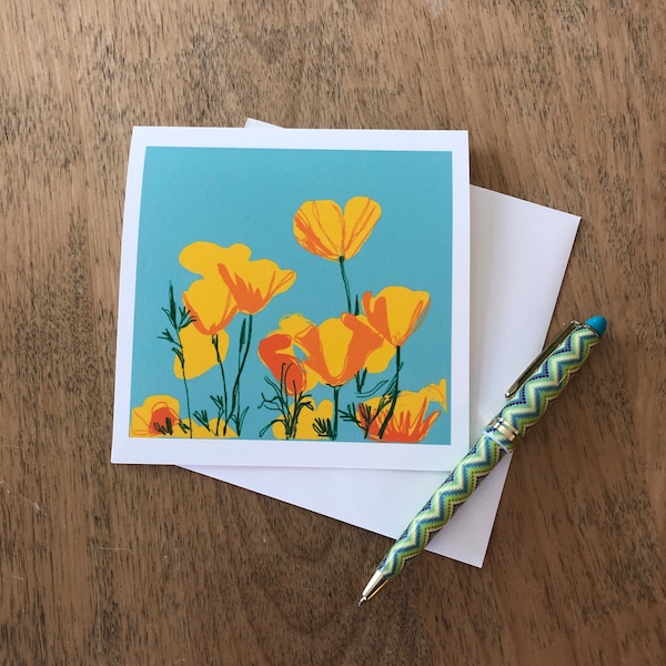 California Poppies (Eschscholzia californica) Square Greeting Card 5.25-inch (13.3 cm), Blank Inside, Bright Floral Stationery