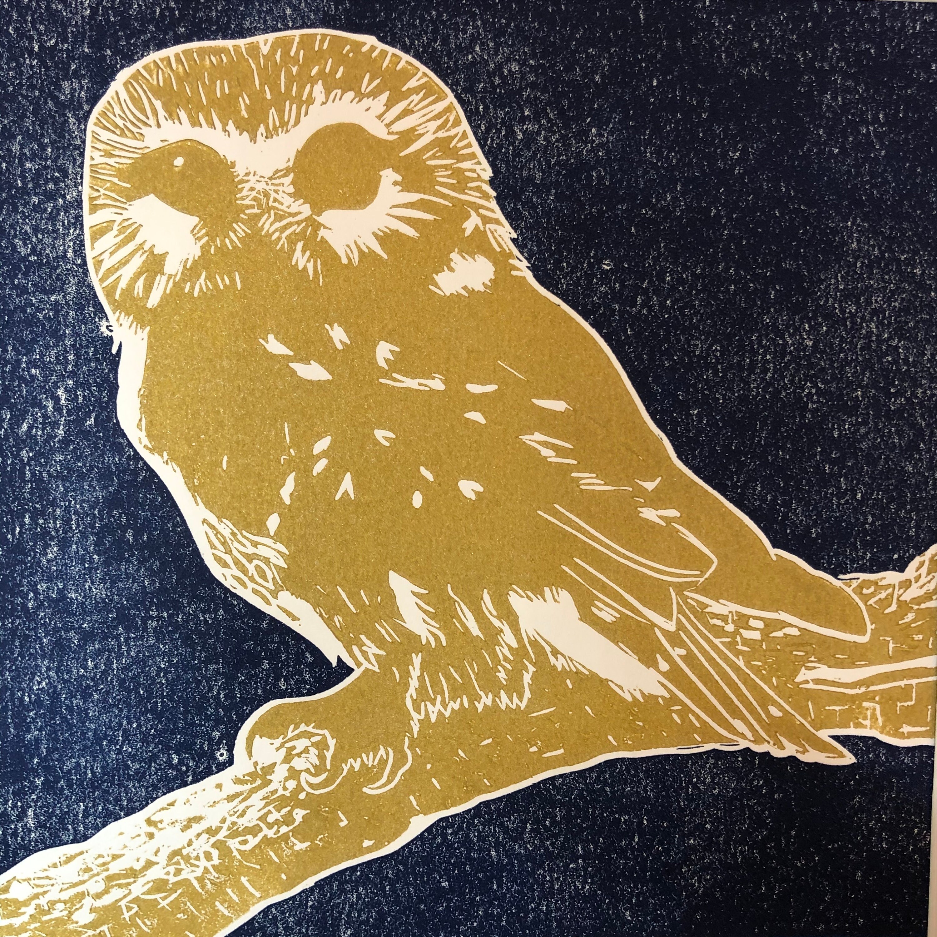 Northern Saw-whet Owl Linocut Print: 2-Color Limited Edition (8x8 in)