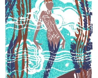 Catalina Island Casino Mermaid, Giclee Print, Art Deco, Original Catalina Art, Linocut Print, Home Decor, Catalina Art, Mermaid Art