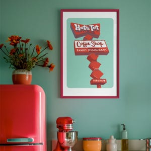 Stampa artistica "Hot 'N Tot Diner" di Lomita, CA, caffetteria storica, decorazione da parete, ristorante californiano di metà secolo, stile SoCal Americana, rosso menta blu