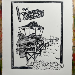 Redondo Beach Pier Art Tony's on the Pier Stampa linoleum Decorazione costiera vintage So Cal Landmark Stampa linoleum, casa sulla spiaggia, decorazione bar Tiki