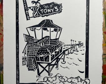 Redondo Beach Pier Linocut Print: Tony's, Vintage SoCal Coastal Art
