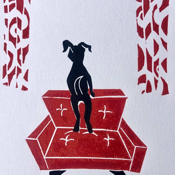 Midcentury Dog Print, Linosnede originele kunst, minimalistische print, cadeaus voor hondenliefhebbers, kan niet wachten om je te zien, retro kunst, decor van het huis