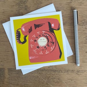 Rufen Sie mich an Vintage Telefon in hellen Groovy-Farben der 1960er Jahre, quadratische Grußkarten in Museumsqualität 13,3 cm, lustiges Briefpapier