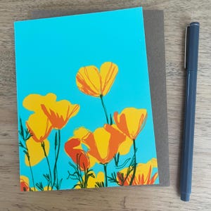 Papoulas da Califórnia (Eschscholzia californica) Cartão de felicitações A2, papelaria floral em negrito, interior em branco, para qualquer ocasião
