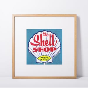 Opera d'arte originale di The Shell Shop, insegna retrò dell'Embarcadero di Morro Bay, opera d'arte di Morro Bay Landmark, ricordo di Morro Bay, giclée di stampa linoleografica originale