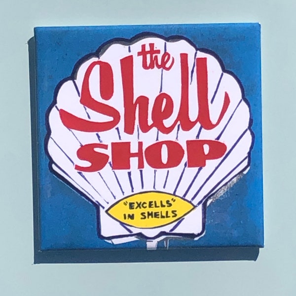 Magnet- The Shell Shop Sign, Morro Bay 2.5 in. (6.4 cm), Square magnet, Original Linocut, MCM Landmarks, Embarcadero, Morro Bay Memento