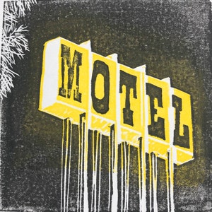 Skyview Motel Wood Block Print: Los Alamos, CA Retro Art (6&quot; x 6&quot;)