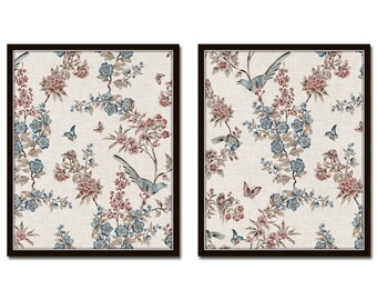 Watercolor Chinoiserie on Faux Linen Print Set No. 5 , Chinoiserie Art, Botanical Print Set, Botanical Art, Bird Prints, Wall Art