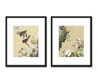 Chinoiserie Bird and Botanical Print Set No. 5, Botanical Art, Vintage Magnolia Prints, Wall Art, Botanical Print Set