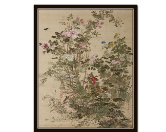 Vintage Chinoiserie Flowers and Insects Art Print, Chinoiserie Art, Asian Art, Vintage Botanical Print