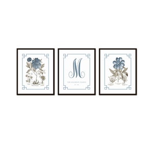 Custom Chinoiserie Blue and Sepia Botanical Print Set, New Home Gift, Family Gift, Chinoiserie, Nursery Decor, Grandmillennial Decor