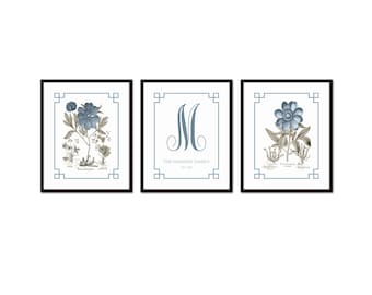 Custom Chinoiserie Blue and Sepia Botanical Print Set, New Home Gift, Family Gift, Chinoiserie, Nursery Decor, Grandmillennial Decor