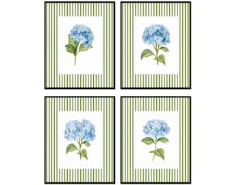 Green Striped Blue Hydrangea Prints, Blue Flower Prints, Chinoiserie Art, Coastal Art, Wall Art, Giclee Prints, Coastal Decor, Botanical Art