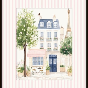 May include: A watercolor painting of a Parisian street scene with a cafe, a building, and the Eiffel Tower in the background. The cafe has a pink awning and a blue door. There are trees and flowers in the scene.