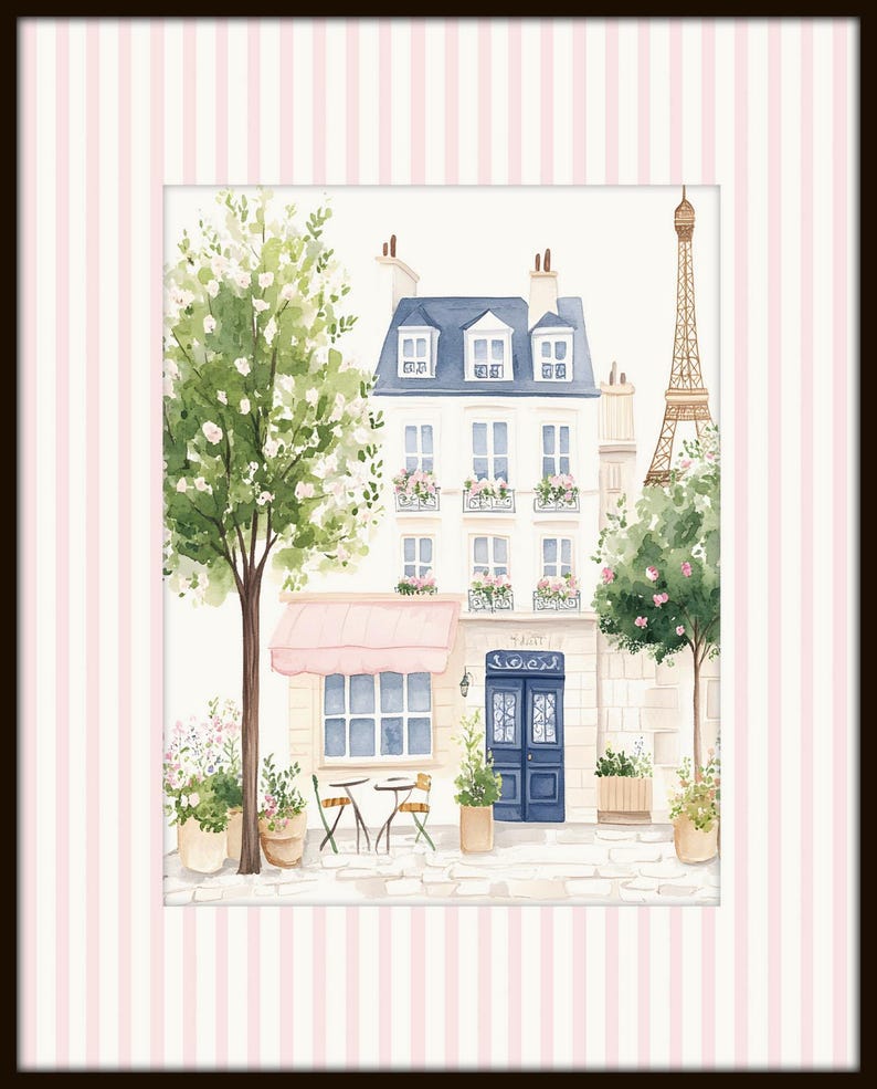 May include: A watercolor painting of a Parisian street scene with a cafe, a building, and the Eiffel Tower in the background. The cafe has a pink awning and a blue door. There are trees and flowers in the scene.