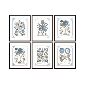 Chinoiserie Blue and Sepia Vintage Botanical Print Set No. 1, Flower Prints, Botanical Art, Botanical Prints, Wall Art, Home Decor