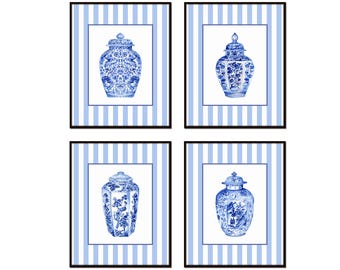 Chinoiserie Ginger Jars with Blue Striped Border, Chinoiserie Art Decor, Coastal Home Art Decor, Preppy Art, Beach House Art, Preppy Art