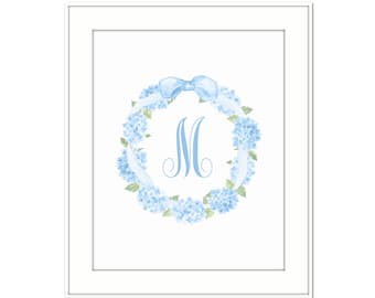 Custom Monogram Watercolor Blue Hydrangea Wreath Print, Family Gift, New Home Gift, Wedding Gift, Baby Gift, Custom Nursery Decor