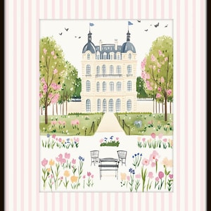 May include: A watercolor painting of a white building with a garden in front. The building has a symmetrical design with multiple windows and a central entrance. The garden is filled with pink, yellow, and blue flowers. Two black benches are placed in the garden.