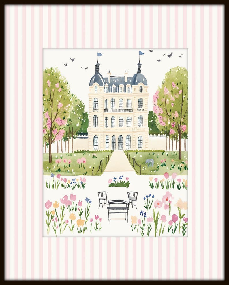 May include: A watercolor painting of a white building with a garden in front. The building has a symmetrical design with multiple windows and a central entrance. The garden is filled with pink, yellow, and blue flowers. Two black benches are placed in the garden.