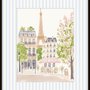 May include: A watercolor painting of a Parisian street scene with the Eiffel Tower in the background. The painting features a cafe with a pink awning, a building with a balcony, and a tree with pink flowers.