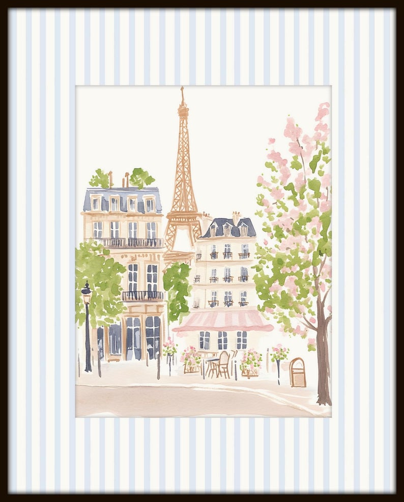 May include: A watercolor painting of a Parisian street scene with the Eiffel Tower in the background. The painting features a cafe with a pink awning, a building with a balcony, and a tree with pink flowers.