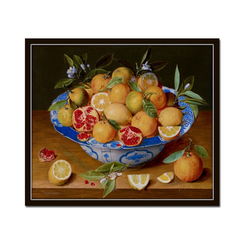 Vintage Still Life Citrus Painting, Chinoiserie Art Print, Blue and White Porcelain Prints, Lemon Prints, Fruit Prints image 1