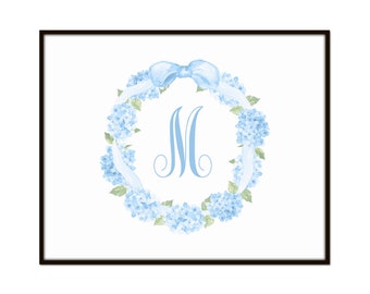 Custom Monogram Watercolor Blue Hydrangea Wreath Print, Family Gift, New Home Gift, Wedding Gift, Baby Gift, Custom Nursery Decor