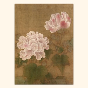 May include: A painting of two pink hibiscus flowers with green leaves on a brown background.