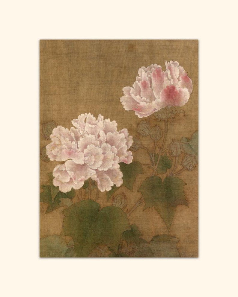 May include: A painting of two pink hibiscus flowers with green leaves on a brown background.