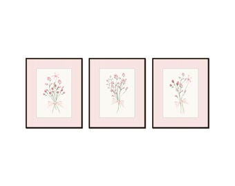 Pink Watercolor Wildflower Collage Print Set, Chinoiserie Decor, Wildflower Prints, Grandmillennial, Pink Art Decor, Botanical Art Prints