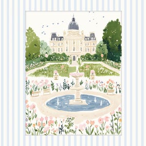May include: A watercolor painting of a white building with a dome roof surrounded by a garden with a fountain in the center. The garden is filled with pink flowers and green bushes. The building has many windows and a symmetrical design.