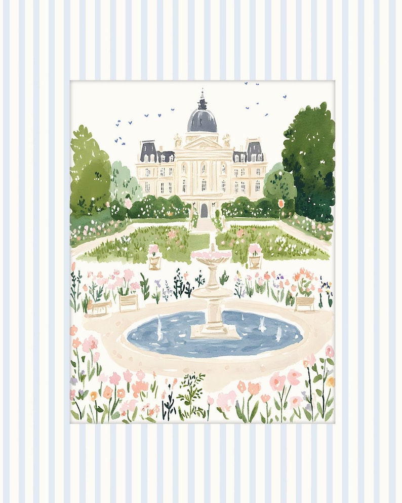 May include: A watercolor painting of a white building with a dome roof surrounded by a garden with a fountain in the center. The garden is filled with pink flowers and green bushes. The building has many windows and a symmetrical design.