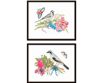 Birds and Blooms Print Set, Botanical Prints, Butterfly Prints, Vintage Bird Prints, Home Decor, Wall Art, Chinoiserie Art