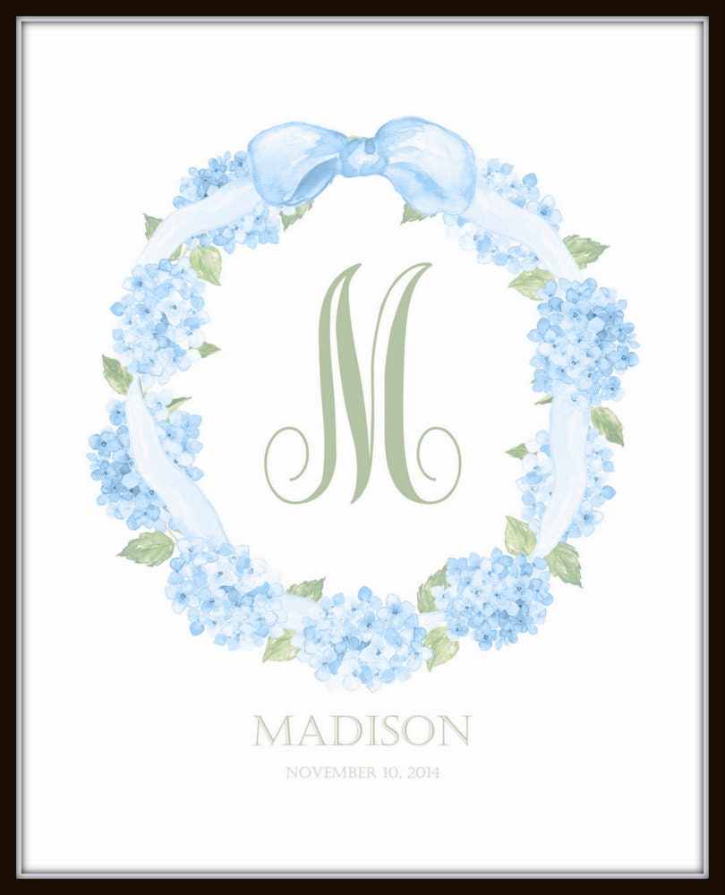 Personalized Watercolor Blue Hydrangea Print Set No. 1, Chinoiserie ...