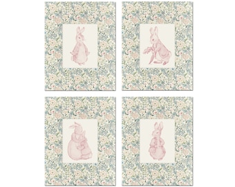 Peter Rabbit Collage Print Set Pink, Nursery Art Prints, Nursery Decor, Girls Room, Bunny Art, Grandmillennial Nursery, William Morris Art