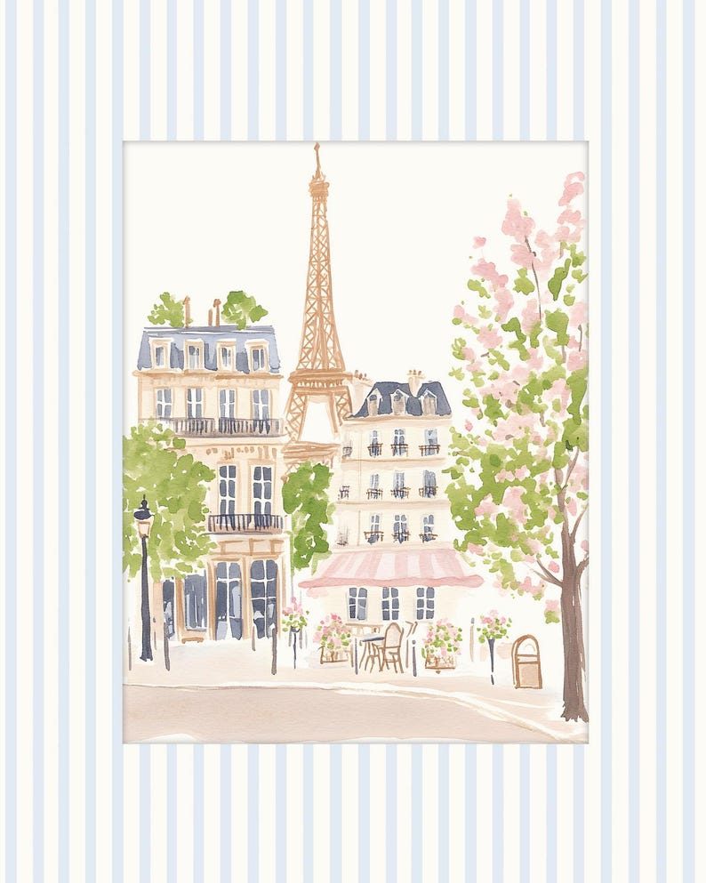 May include: A watercolor painting of a Parisian street scene with the Eiffel Tower in the background. The painting features a cafe with pink and white striped awning, a street lamp, and a tree with pink blossoms.