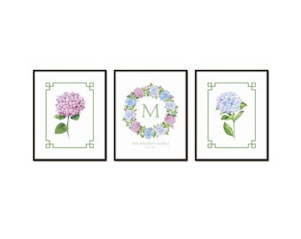 Custom Monogram Chinoiserie Pink and Blue Hydrangea Print Set, Personalized Art Print, New Home Gift, Decor, Gift for Mom, Nursery Decor,