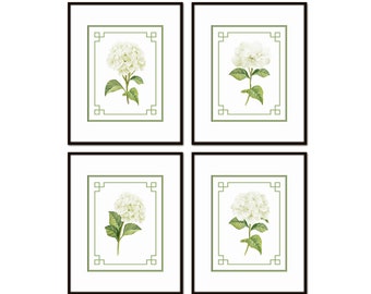 Watercolor White Hydrangea Chinoiserie Set No. 1, Flower Prints, Botanical Art, Botanical Print Set, Wall Art, Home Decor, Chinoiserie