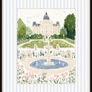 May include: A watercolor painting of a large building with a dome, surrounded by a garden with a fountain and pink flowers.