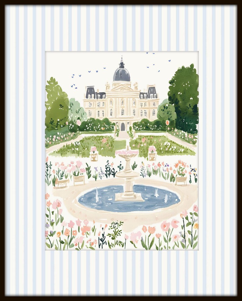 May include: A watercolor painting of a large building with a dome, surrounded by a garden with a fountain and pink flowers.