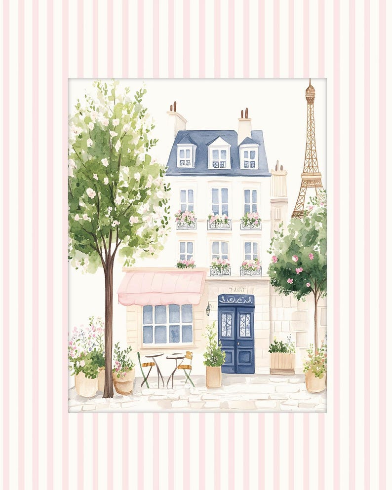 May include: A watercolor painting of a Parisian street scene with a cafe, a building, and the Eiffel Tower in the background. The cafe has a pink awning and a table with two chairs. There are trees and flowers in the scene.