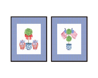Americana Watercolor Topiary Print Set, Ginger Jar Art, Patriotic Art, Gingham Art, Chinoiserie Art, Preppy Art, Flag Art, Wall Art, Giclee