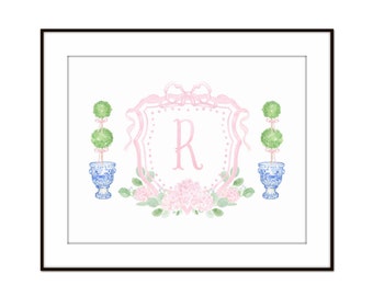 Custom Monogram Watercolor Pink Hydrangea Crest with Topiary Print, Family Gift, New Home Gift, Wedding Gift, Baby Gift, Nursery Decor