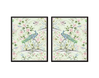 French Chinoiserie Watercolor Print Set Mint Green, Bird and Botanical Print Set, Botanical Prints, Bird Prints, Chinoiserie Art