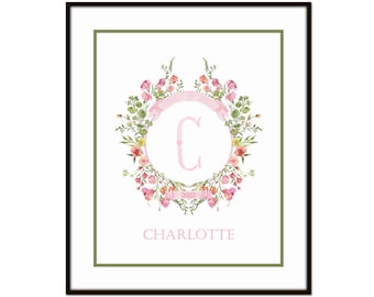 Custom Monogram Print, Watercolor Floral Print with Faux Mats, Custom Name Print , New Home Gift, Botanical, Baby Gift, Custom Nursery Decor